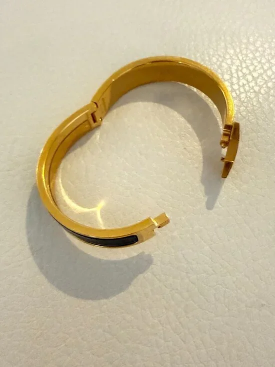 AUTHENTIC HERMES CLIC H BRACELET GOLD PLATED BLACK ENAMEL NARROW BANGLE PM - Picture 7 of 9